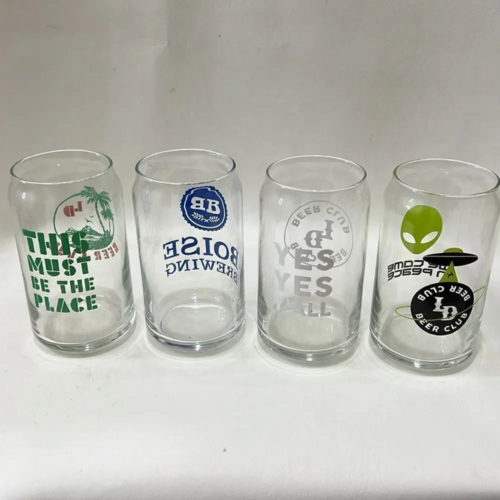 Beer Glasses 16 Ounce Blue Green Or White Lettering 5 1/4 In Tall 2 1/2 In Round